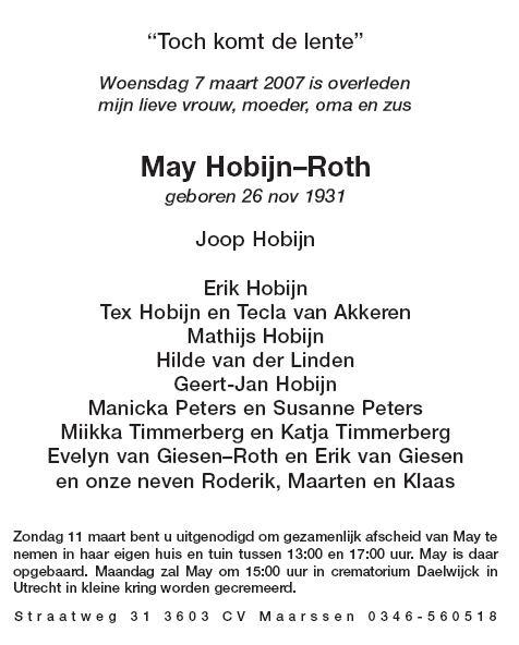 overlijdensbericht May Hobijn-Roth