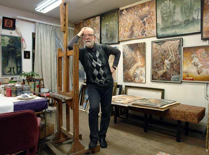 The painter Yury Sviridov, in his studio in St. Petersburg, Russia.