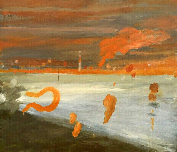 zicht op Botlek in de avond olieverf op linnen 115 x 100 cm 2015